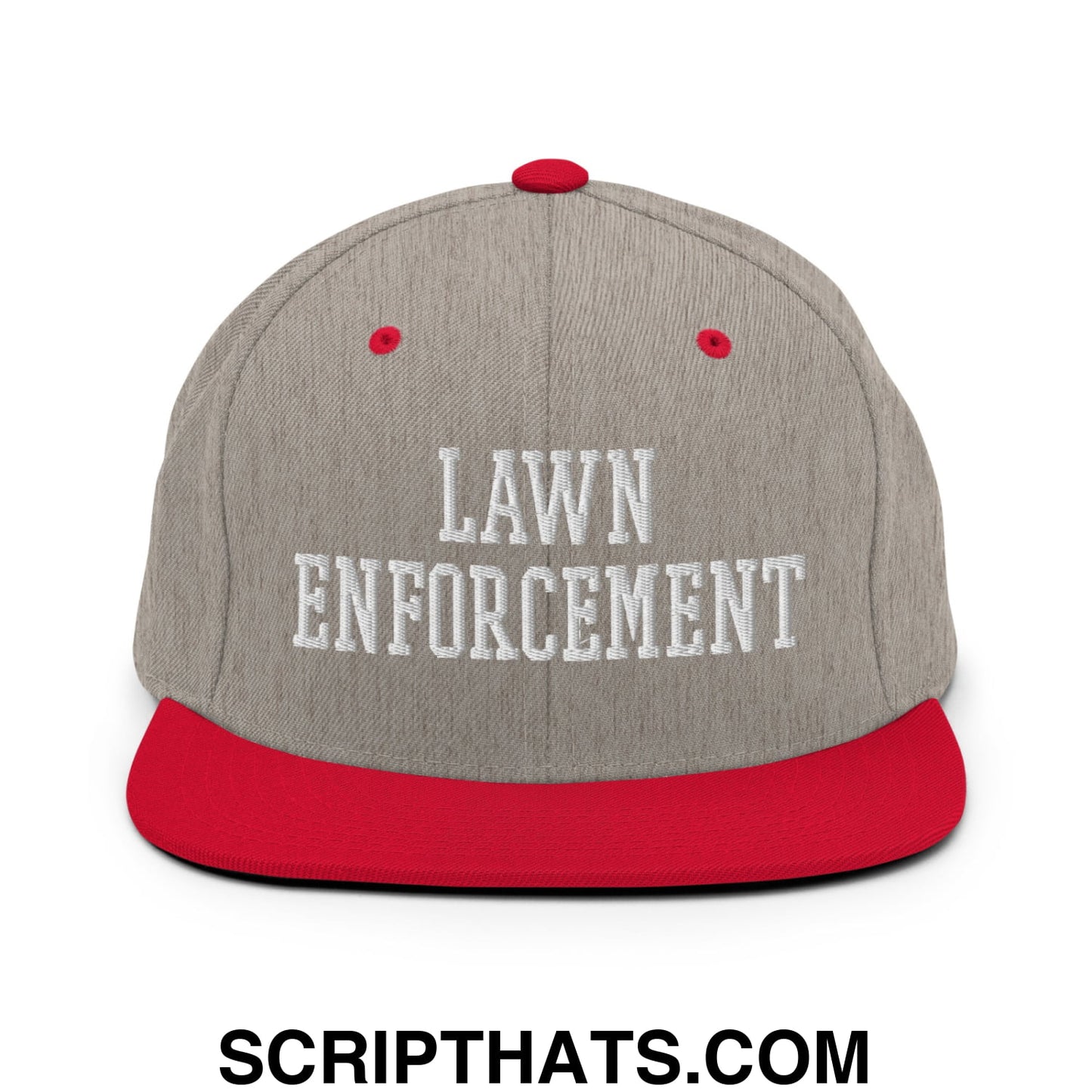Gray and red snapback hat with lawn enforcement embroidered in white featuring a flat bill brim design
