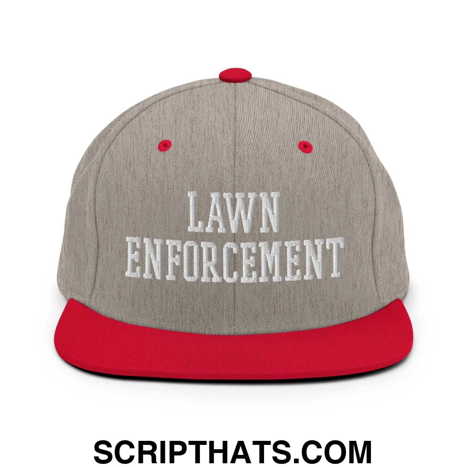 Gray and red snapback hat with lawn enforcement embroidered in white featuring a flat bill brim design