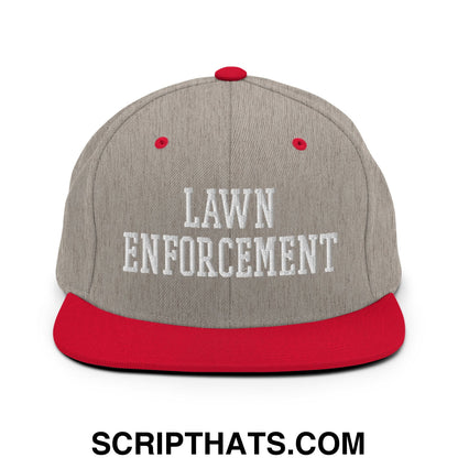 Gray and red snapback hat with lawn enforcement embroidered in white featuring a flat bill brim design