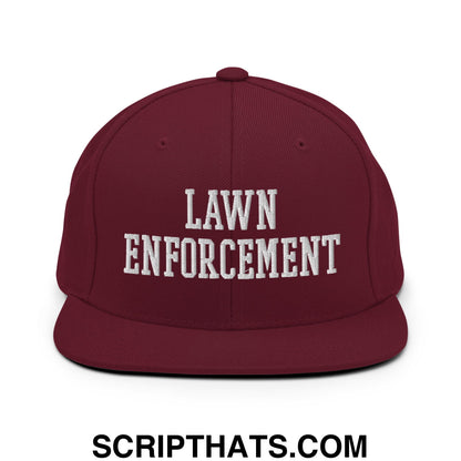 Maroon snapback hat with white embroidered lawn enforcement text and flat bill brim in a sturdy fabric design