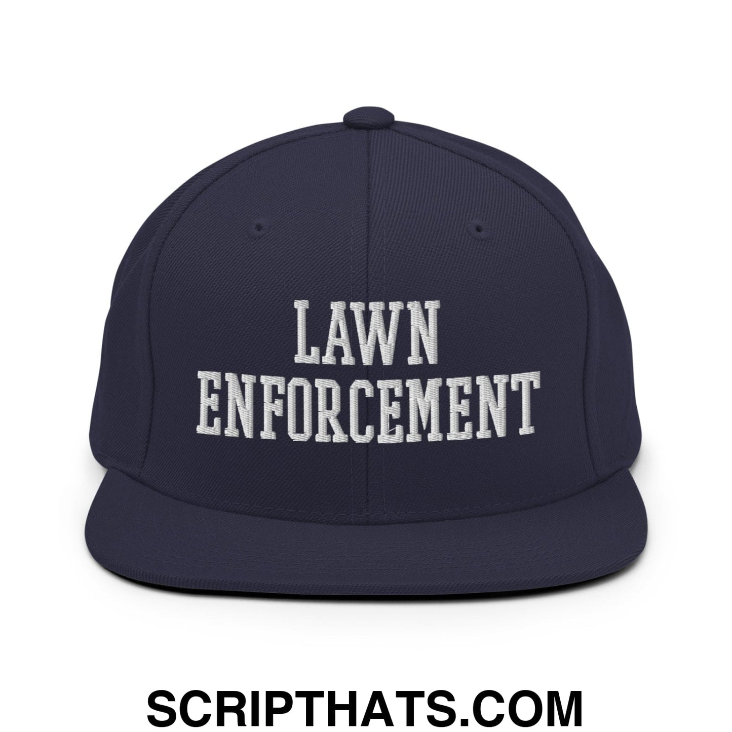 Navy blue snapback hat with white embroidered lawn enforcement text and flat bill brim for casual wear