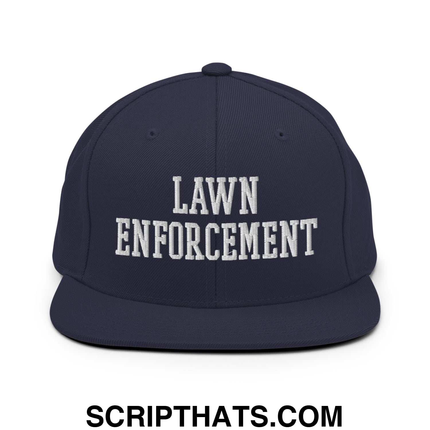 Navy blue snapback hat with white embroidered lawn enforcement text and flat bill brim for casual wear