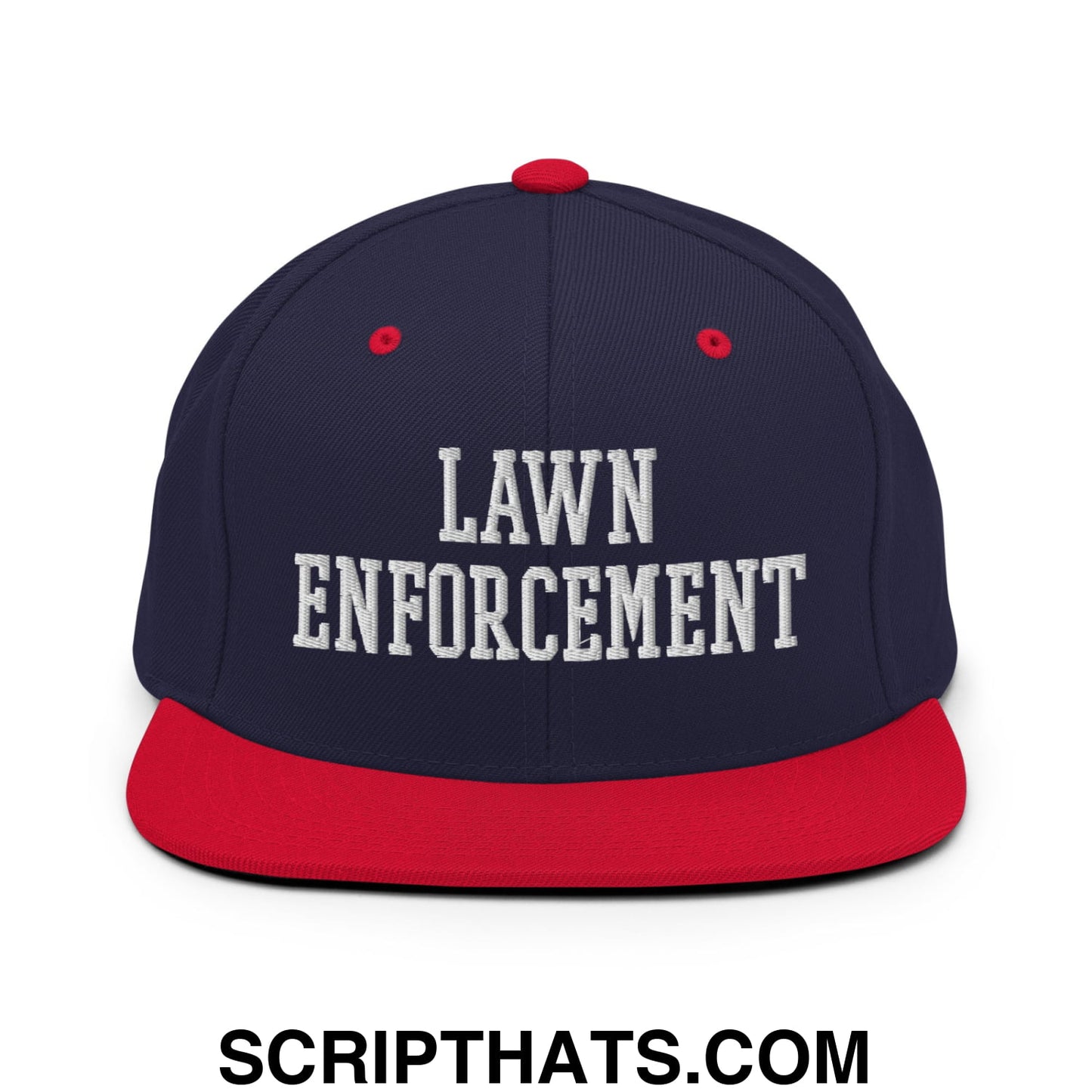Navy blue and red snapback hat with white embroidered lawn enforcement text and flat bill brim