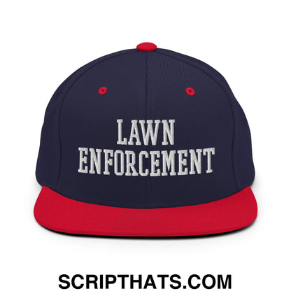 Navy blue and red snapback hat with white embroidered lawn enforcement text and flat bill brim