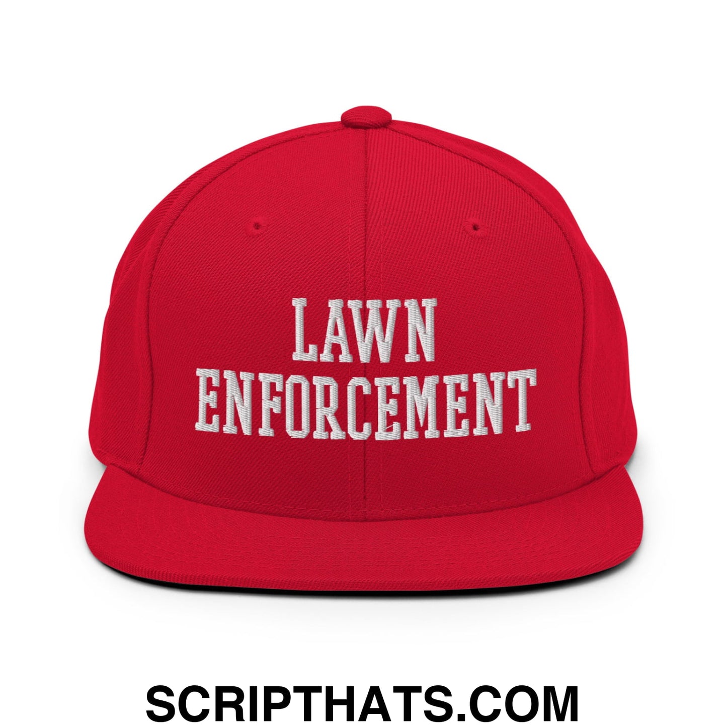 Red snapback hat with white embroidered lawn enforcement text and flat bill brim for casual wear