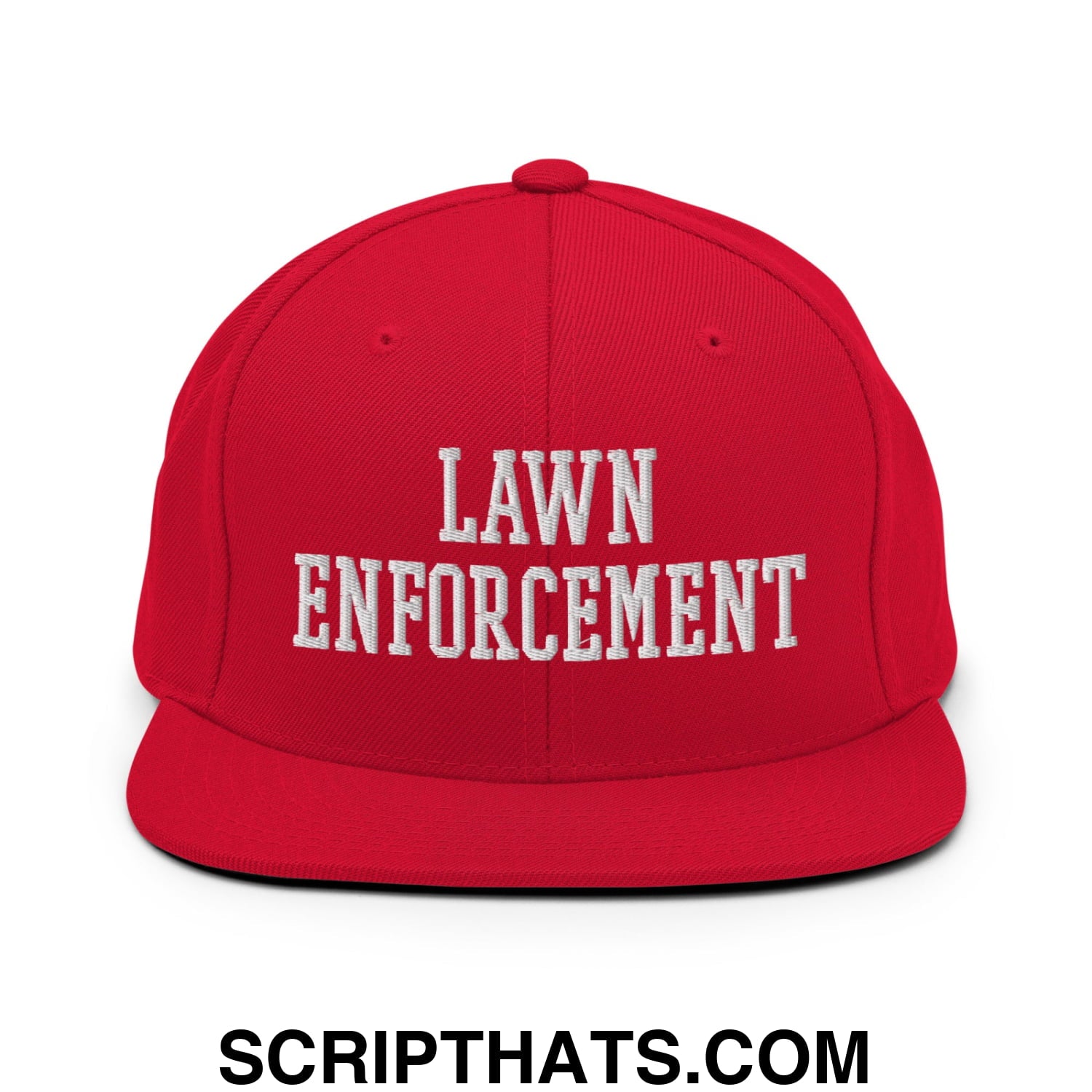 Red snapback hat with white embroidered lawn enforcement text and flat bill brim for casual wear
