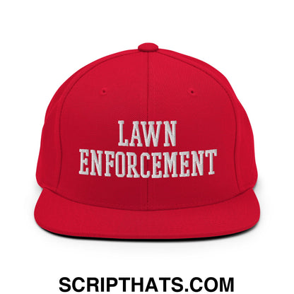 Red snapback hat with white embroidered lawn enforcement text and flat bill brim for casual wear