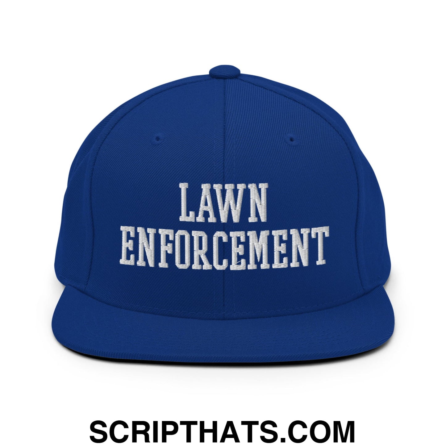 Royal blue snapback hat with white embroidered lawn enforcement text and flat bill brim design
