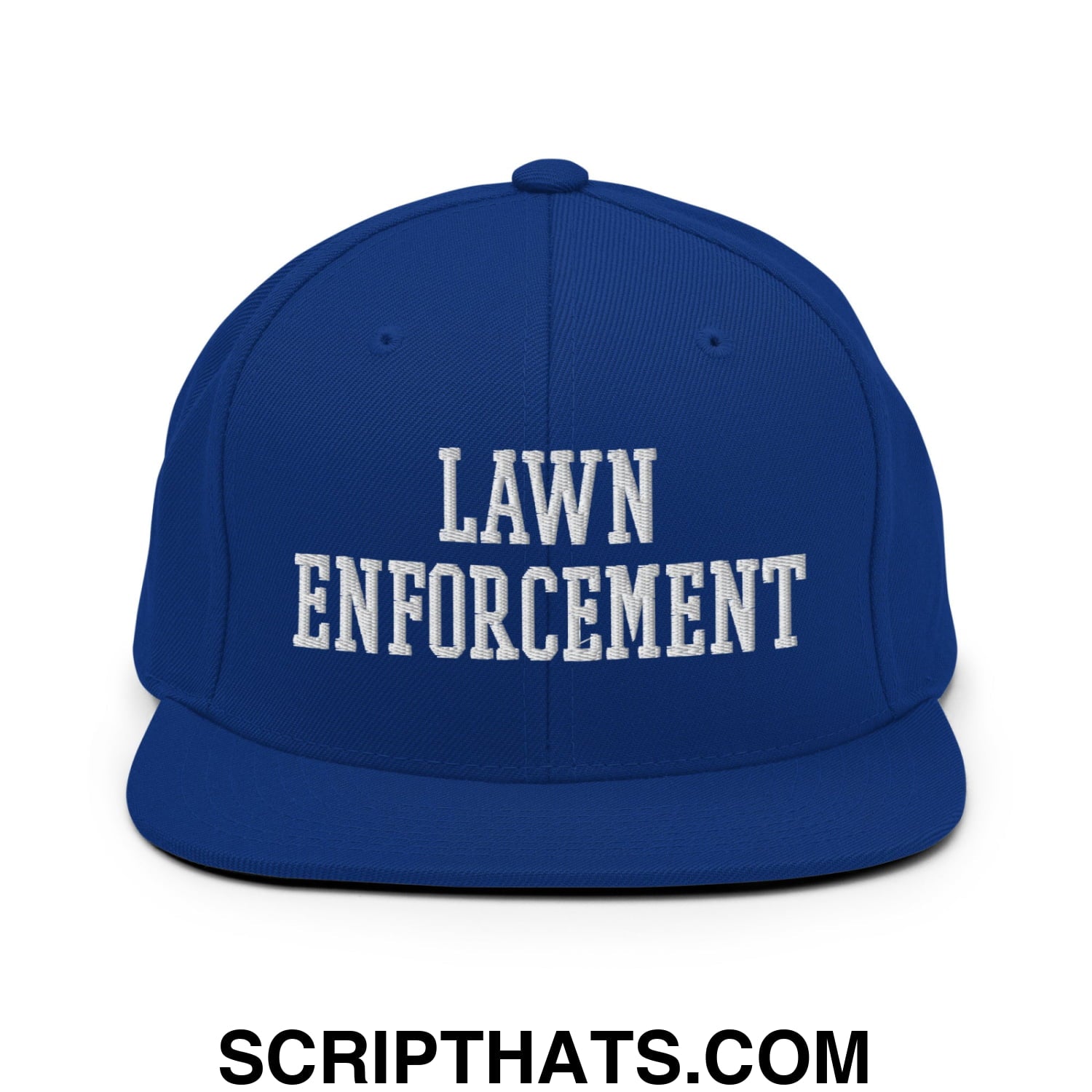 Royal blue snapback hat with white embroidered lawn enforcement text and flat bill brim design