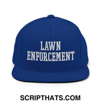 Royal blue snapback hat with white embroidered lawn enforcement text and flat bill brim design