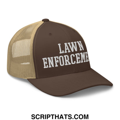 Brown and tan mesh trucker hat with lawn enforcement embroidered in white lettering on the front panel