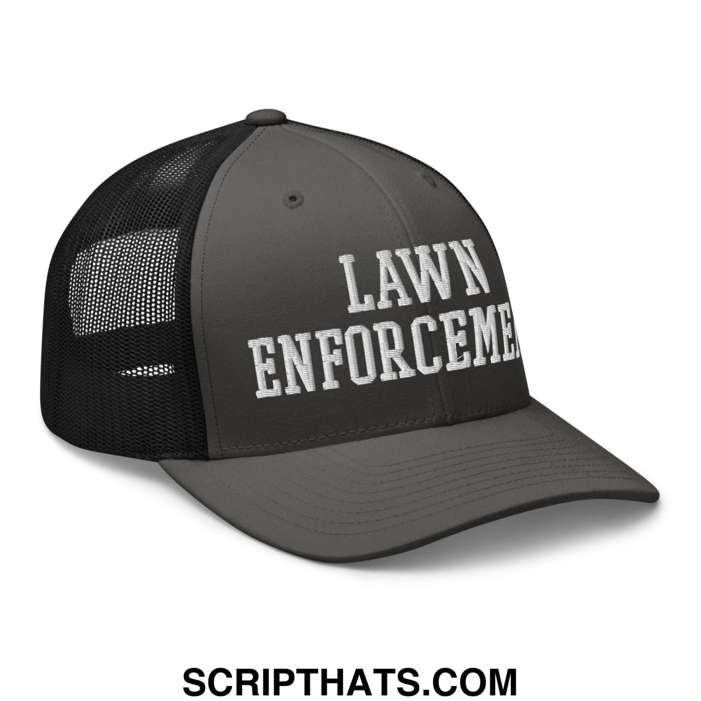 Dark gray mesh trucker hat with white embroidered lawn enforcement text on the front panel