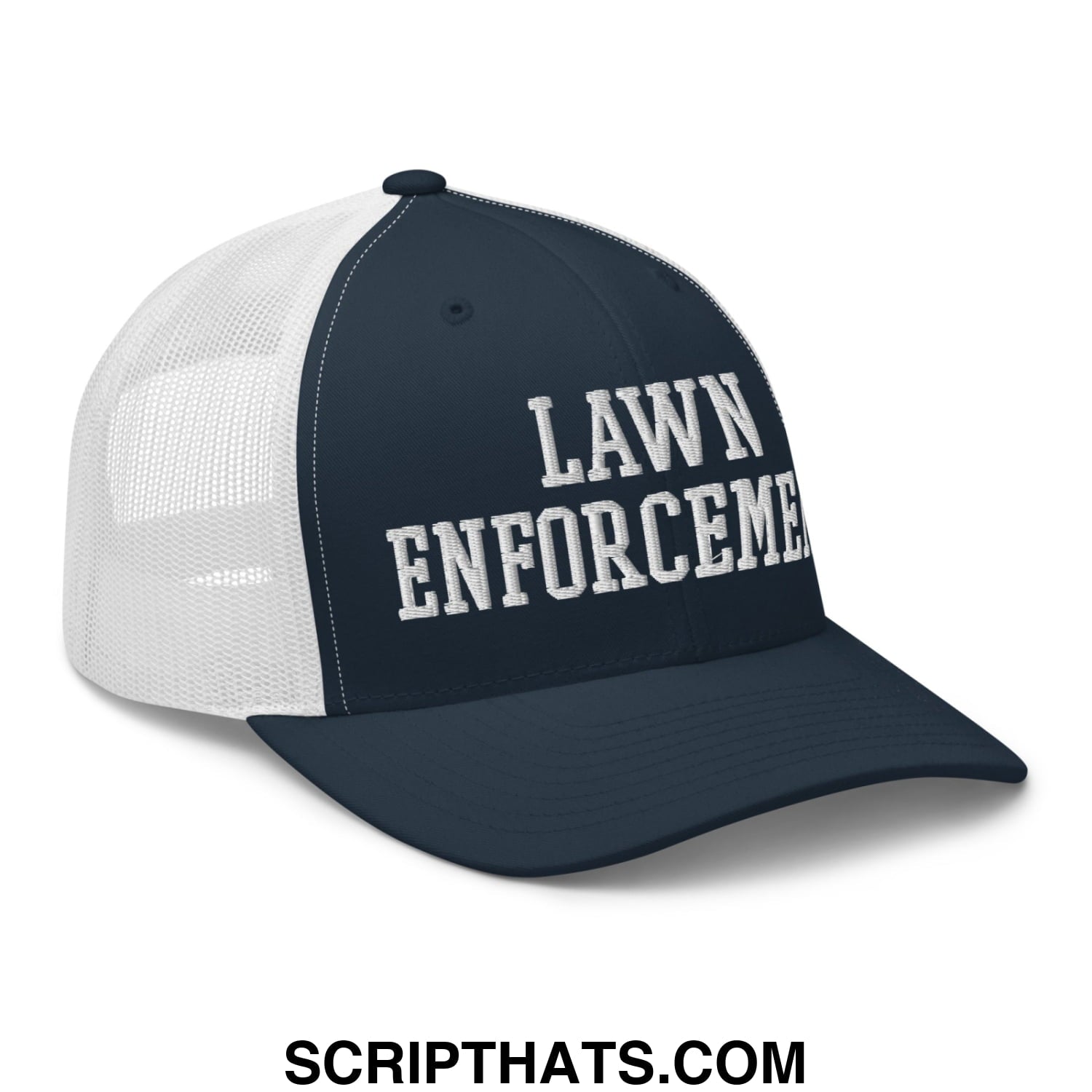 Navy blue and white mesh trucker hat with lawn enforcement embroidered in bold white lettering on the front panel