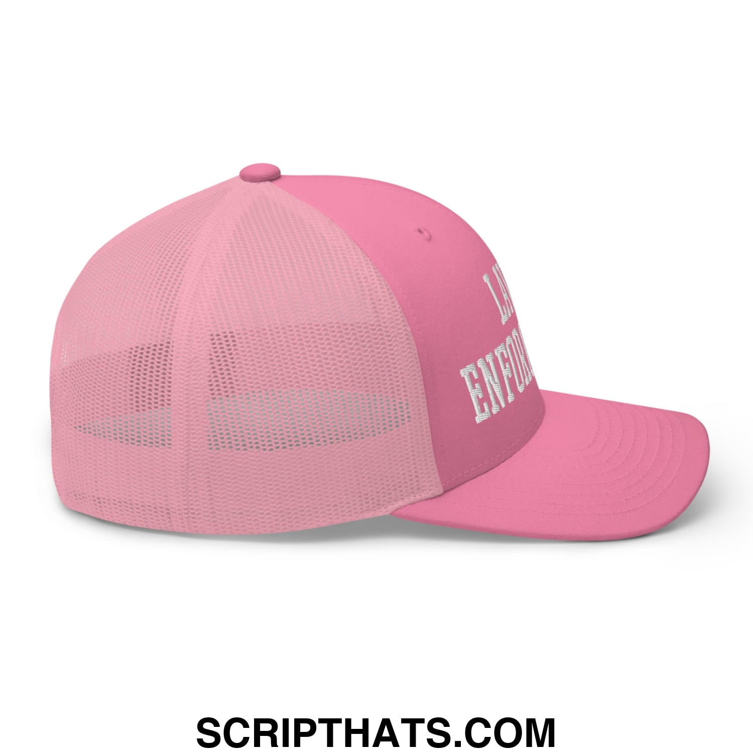 Pink mesh trucker hat with lawn enforcement white embroidered text on front panel