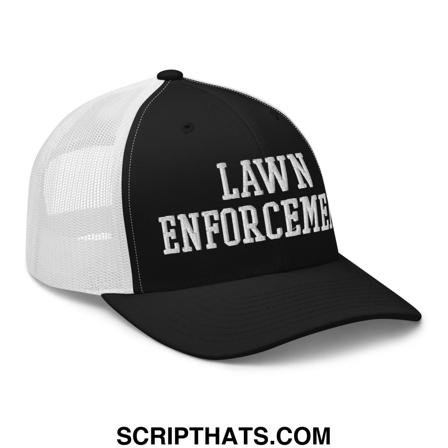 Black and white mesh trucker hat with lawn enforcement embroidered in bold textured white lettering on front
