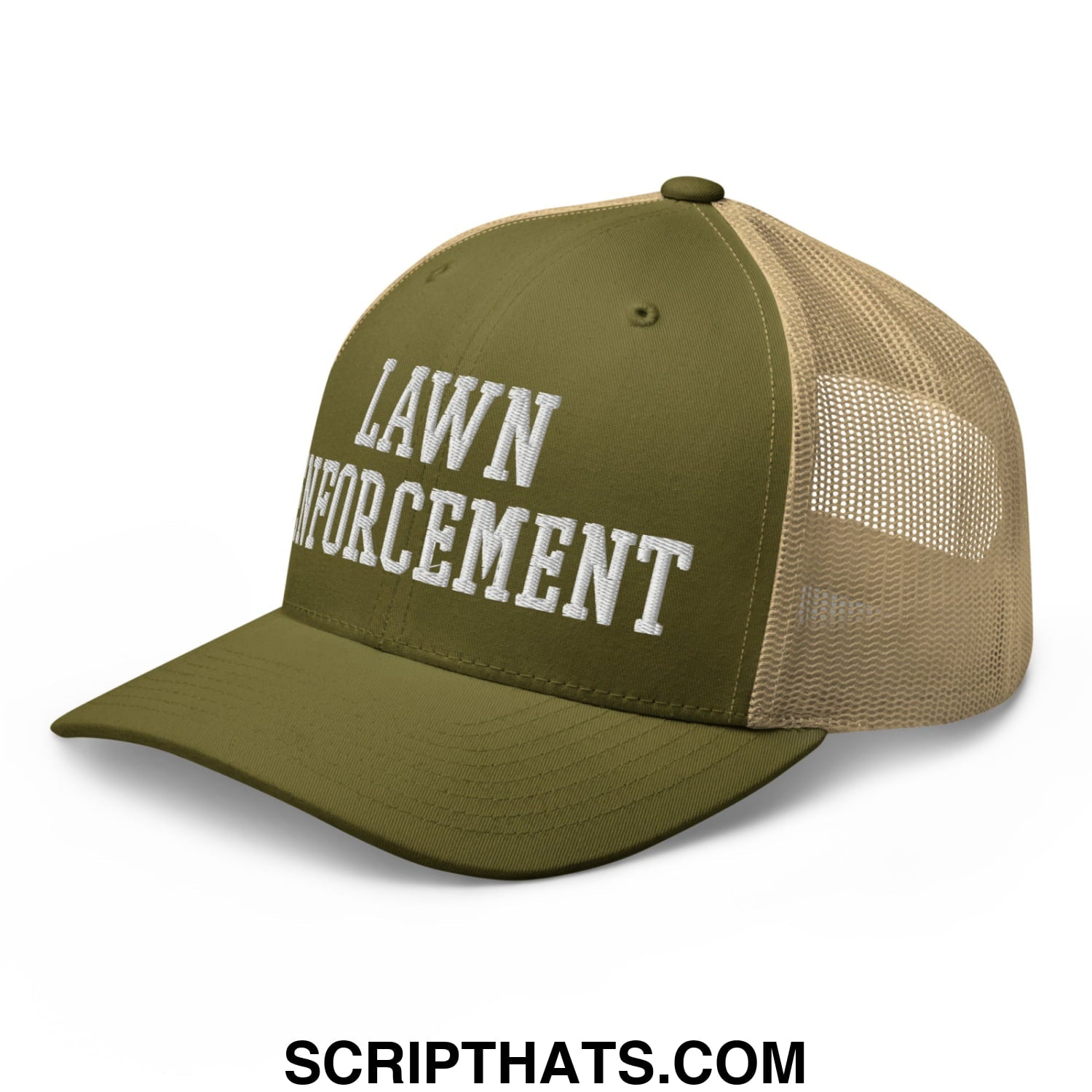 Olive green and tan mesh trucker hat with white embroidered lawn enforcement text on front panel