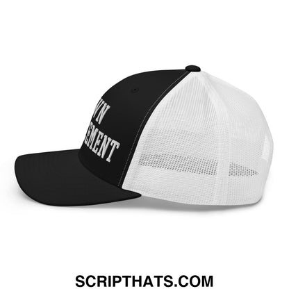 Black and white mesh trucker hat with ownment embroidered in bold raised lettering front lawn enforcement design