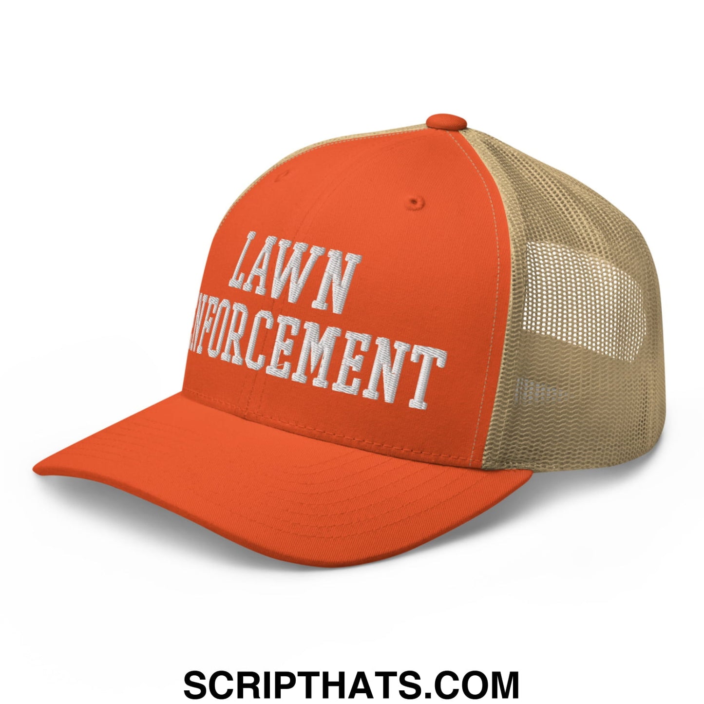 Orange and beige mesh trucker hat with lawn enforcement embroidered in white on the front panel