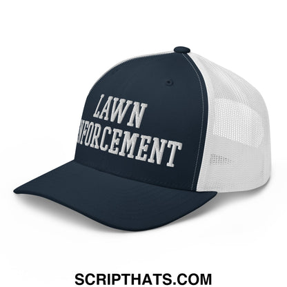 Navy blue and white mesh trucker hat with lawn enforcement embroidered in bold white textured lettering on front