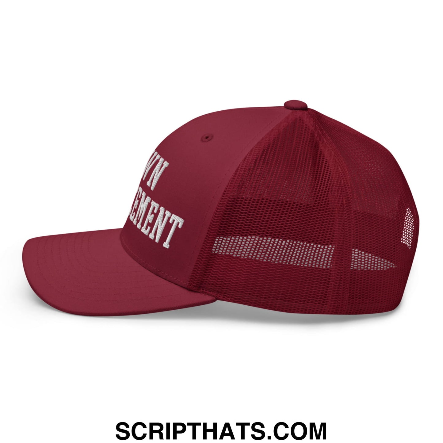 Maroon lawn enforcement embroidered mesh trucker hat with white text on front and breathable mesh back