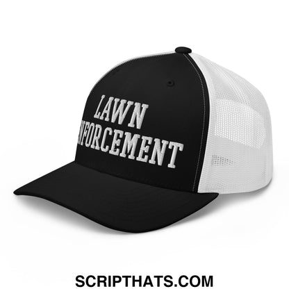 Black and white mesh trucker hat with lawn enforcement embroidered in bold textured silver lettering on front