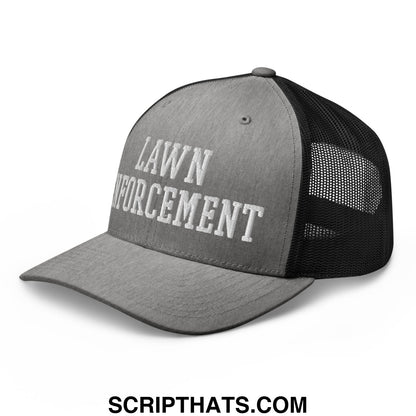 Gray and black mesh trucker hat with lawn enforcement embroidered in white on front panel