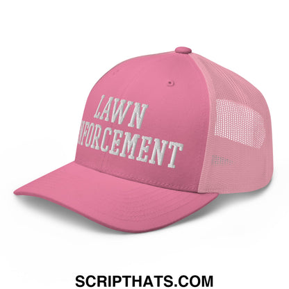 Pink mesh trucker hat with white embroidered lawn enforcement text on the front for casual outdoor wear