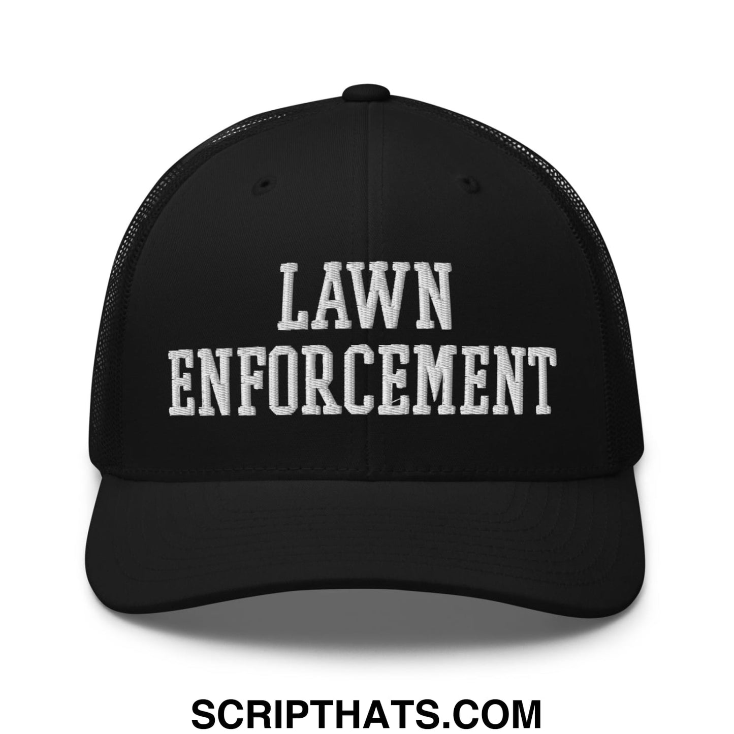 Black mesh trucker hat with white embroidered lawn enforcement text on front panel for casual wear