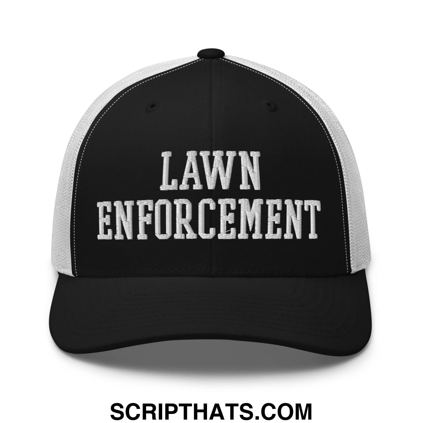 Black and white mesh trucker hat with lawn enforcement embroidered in bold raised white thread on the front