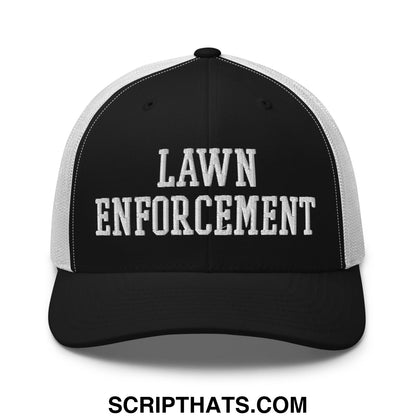 Black and white mesh trucker hat with lawn enforcement embroidered in bold raised white thread on the front