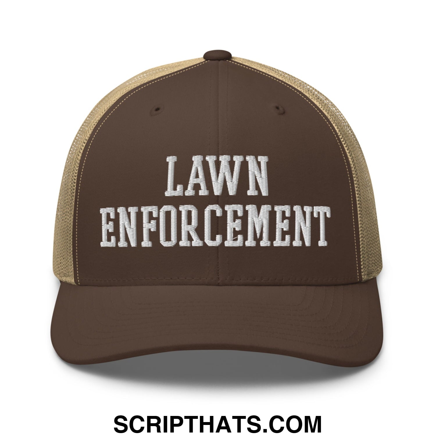 Brown and tan mesh trucker hat with white embroidered lawn enforcement text on front panel