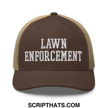 Brown and tan mesh trucker hat with white embroidered lawn enforcement text on front panel
