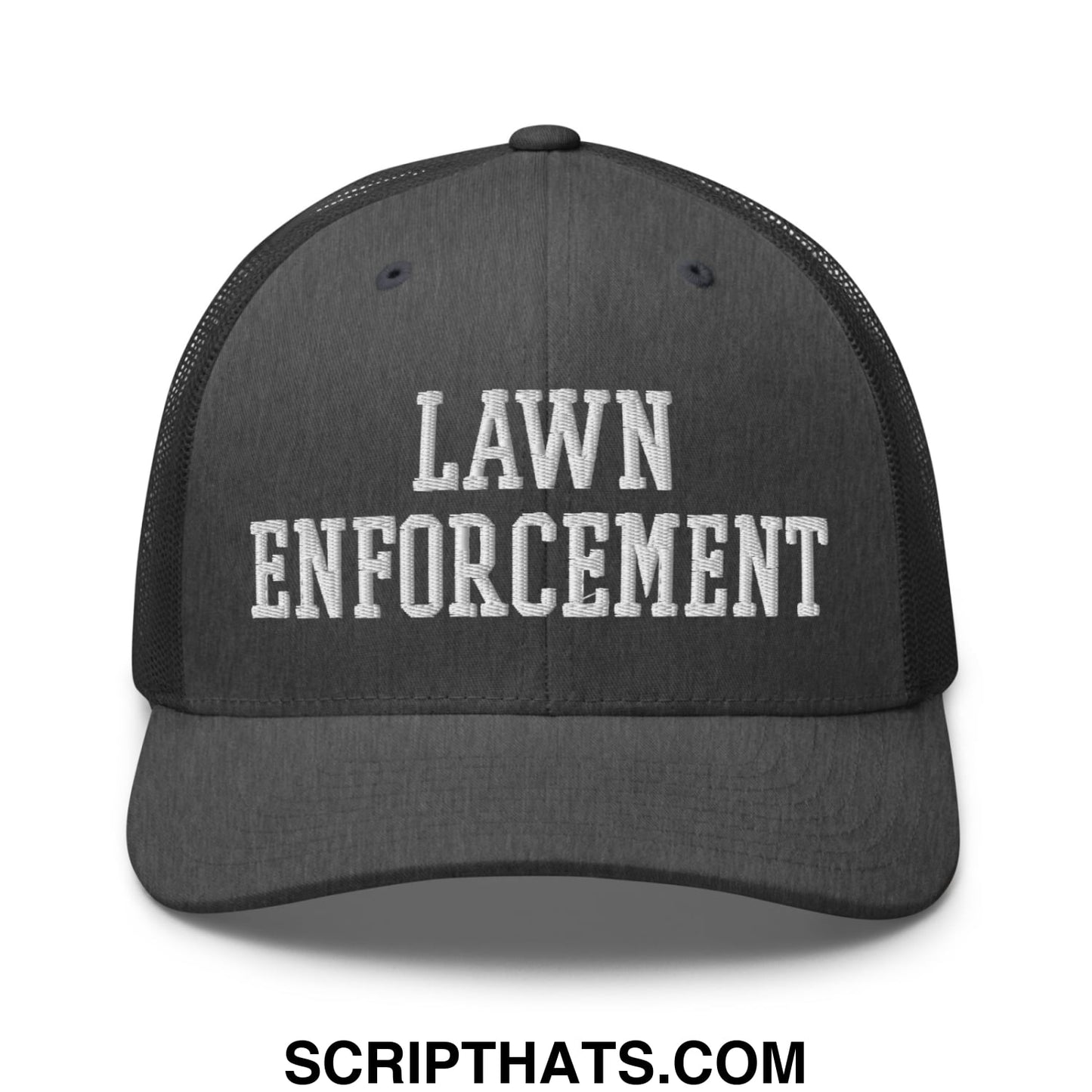 Black mesh trucker hat with white embroidered lawn enforcement text featuring breathable back panel