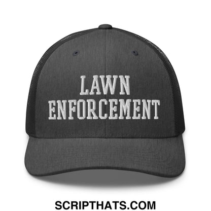 Black mesh trucker hat with white embroidered lawn enforcement text featuring breathable back panel