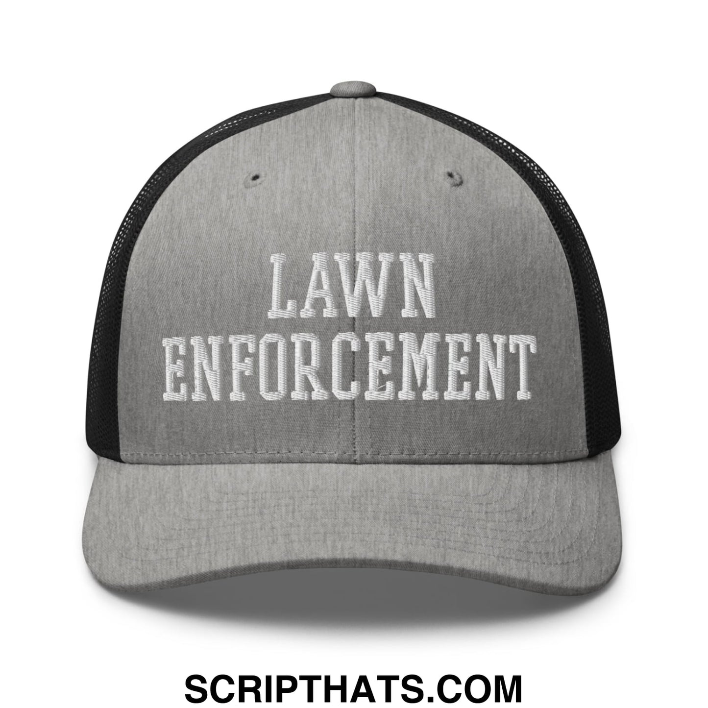Gray and black mesh trucker hat with lawn enforcement embroidered in white on the front panel