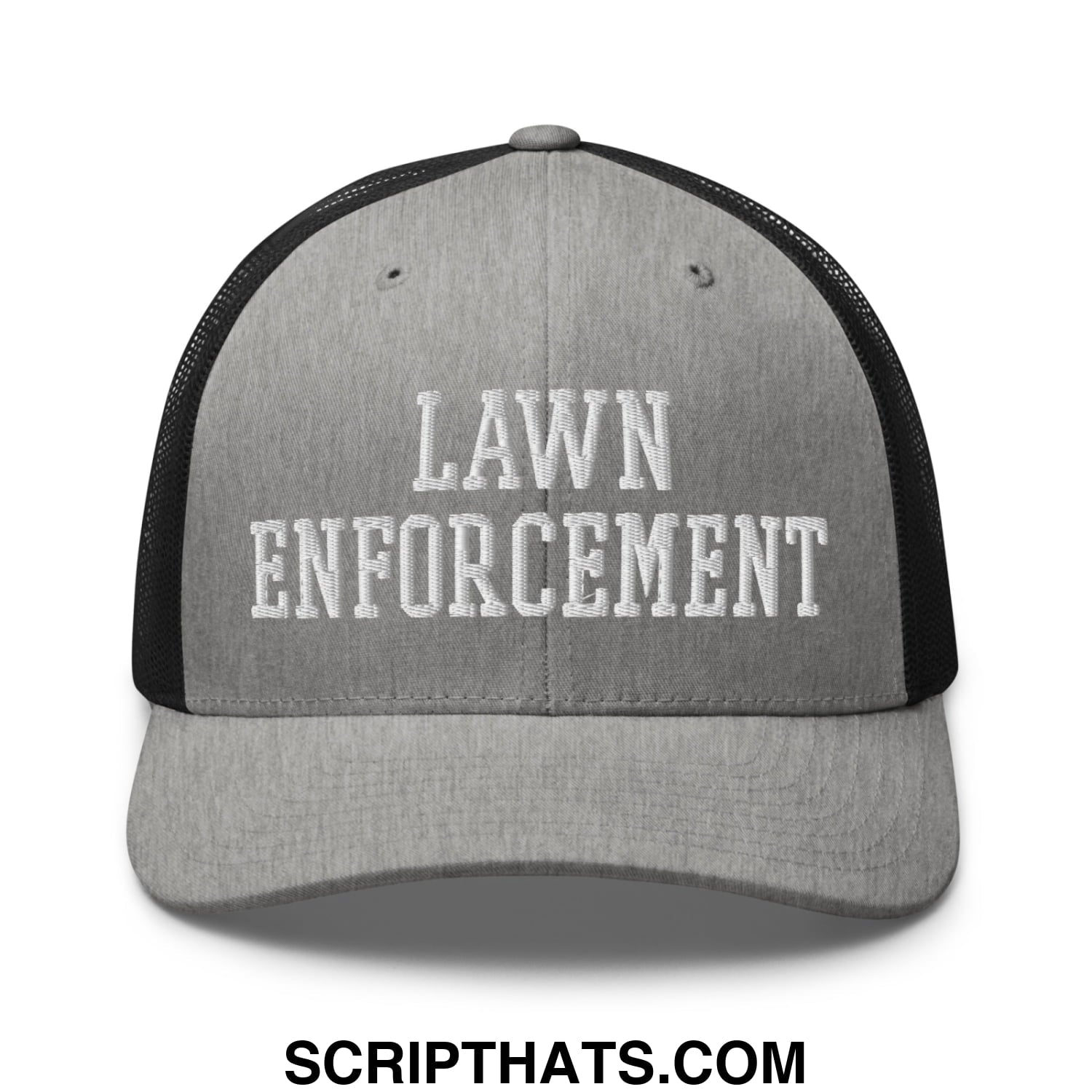 Gray and black mesh trucker hat with lawn enforcement embroidered in white on the front panel