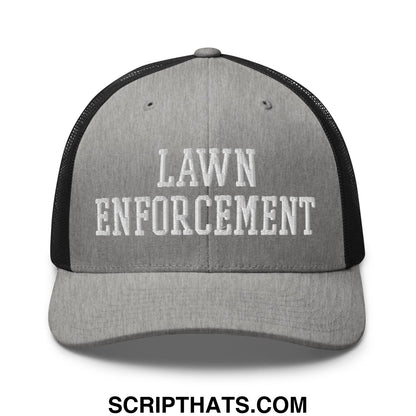 Gray and black mesh trucker hat with lawn enforcement embroidered in white on the front panel