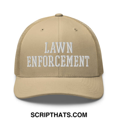 Beige mesh trucker hat with white embroidered lawn enforcement text perfect for outdoor casual wear