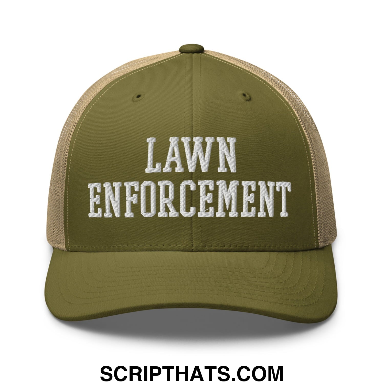 Olive green and tan mesh trucker hat with white embroidered lawn enforcement text front view