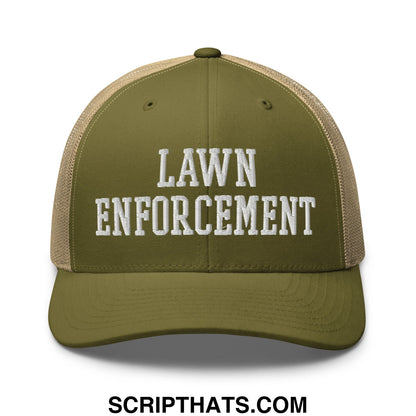 Olive green and tan mesh trucker hat with white embroidered lawn enforcement text front view