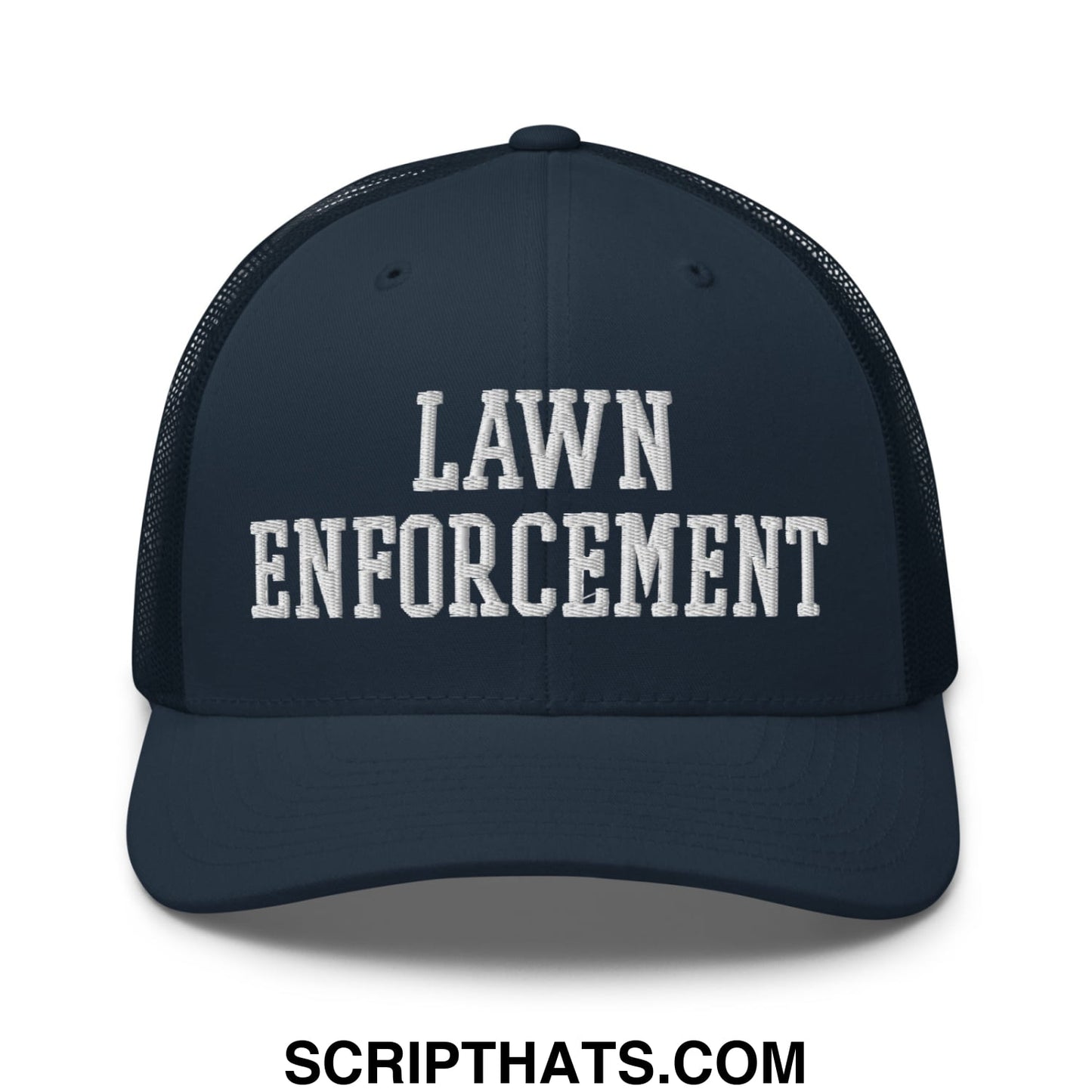 Navy blue mesh trucker hat with white embroidered lawn enforcement text across the front panel