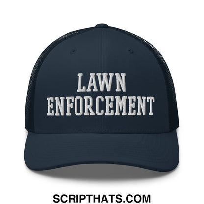 Navy blue mesh trucker hat with white embroidered lawn enforcement text across the front panel