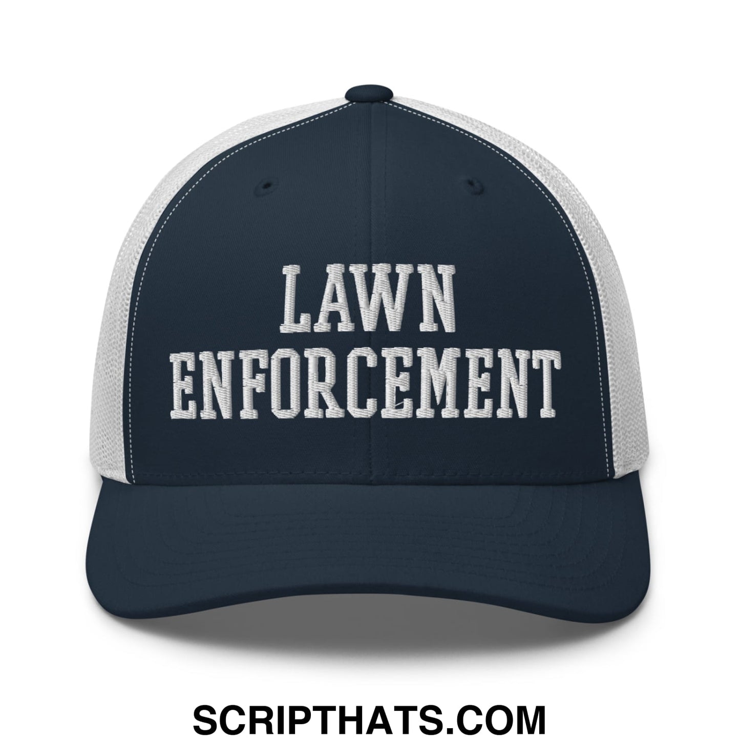 Navy blue and white mesh trucker hat with lawn enforcement embroidered in raised white thread on front panel