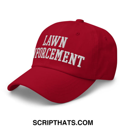 Red unstructured dad hat with white embroidered lawn enforcement text ideal for casual outdoor wear