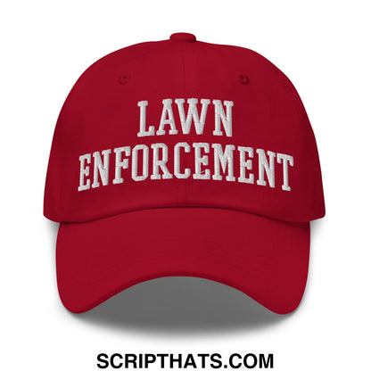 Red unstructured dad hat with white embroidered lawn enforcement text for casual outdoor wear