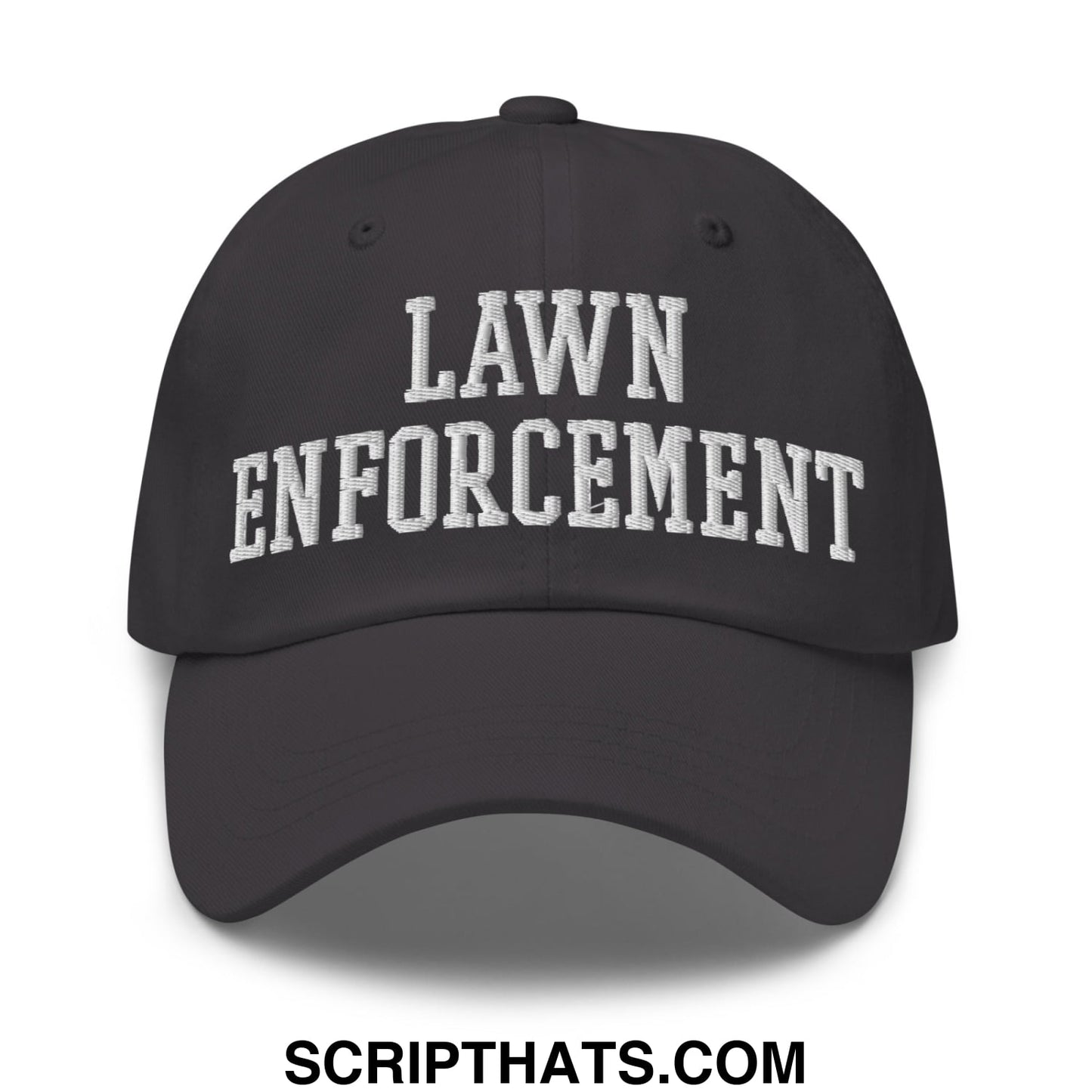 Black unstructured dad hat with white embroidered lawn enforcement text in classic collegiate font