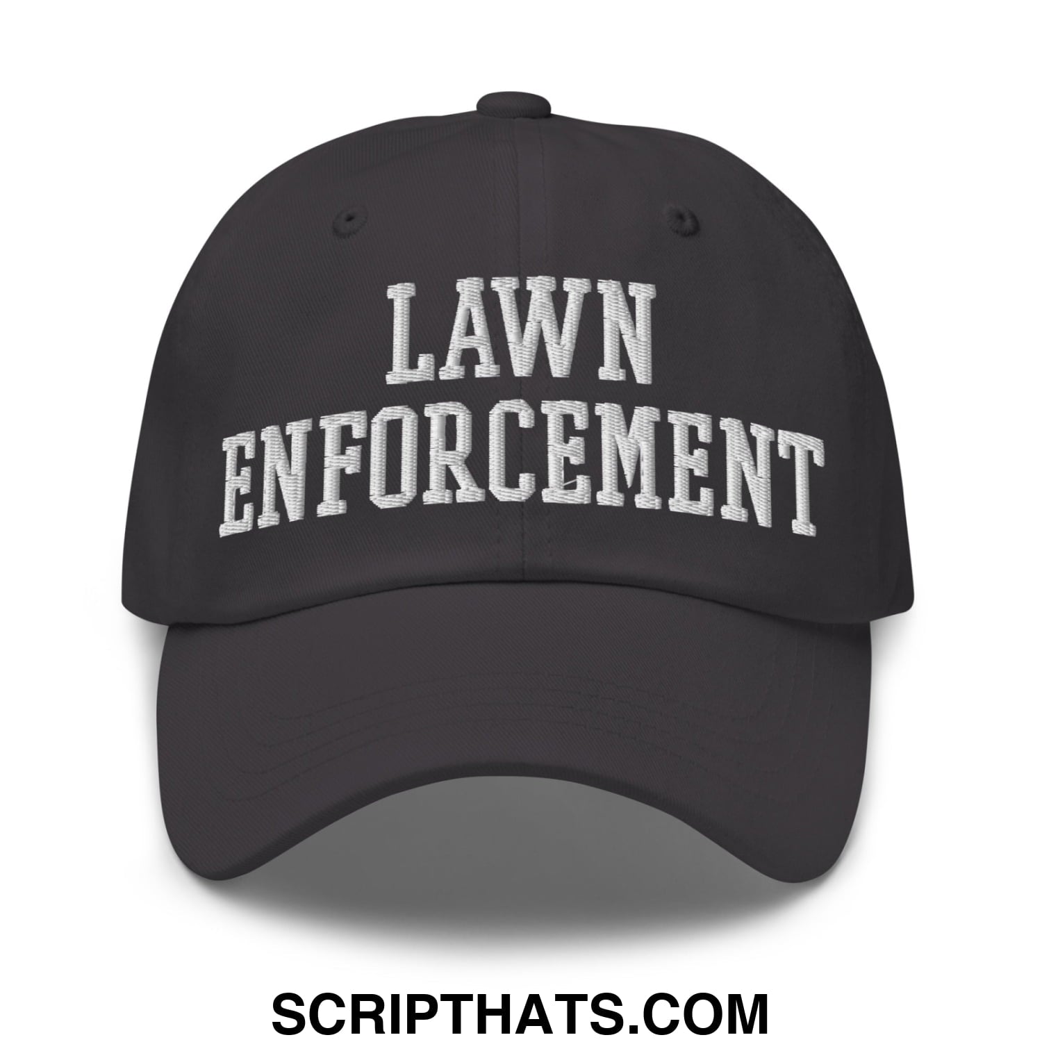 Black unstructured dad hat with white embroidered lawn enforcement text in classic collegiate font
