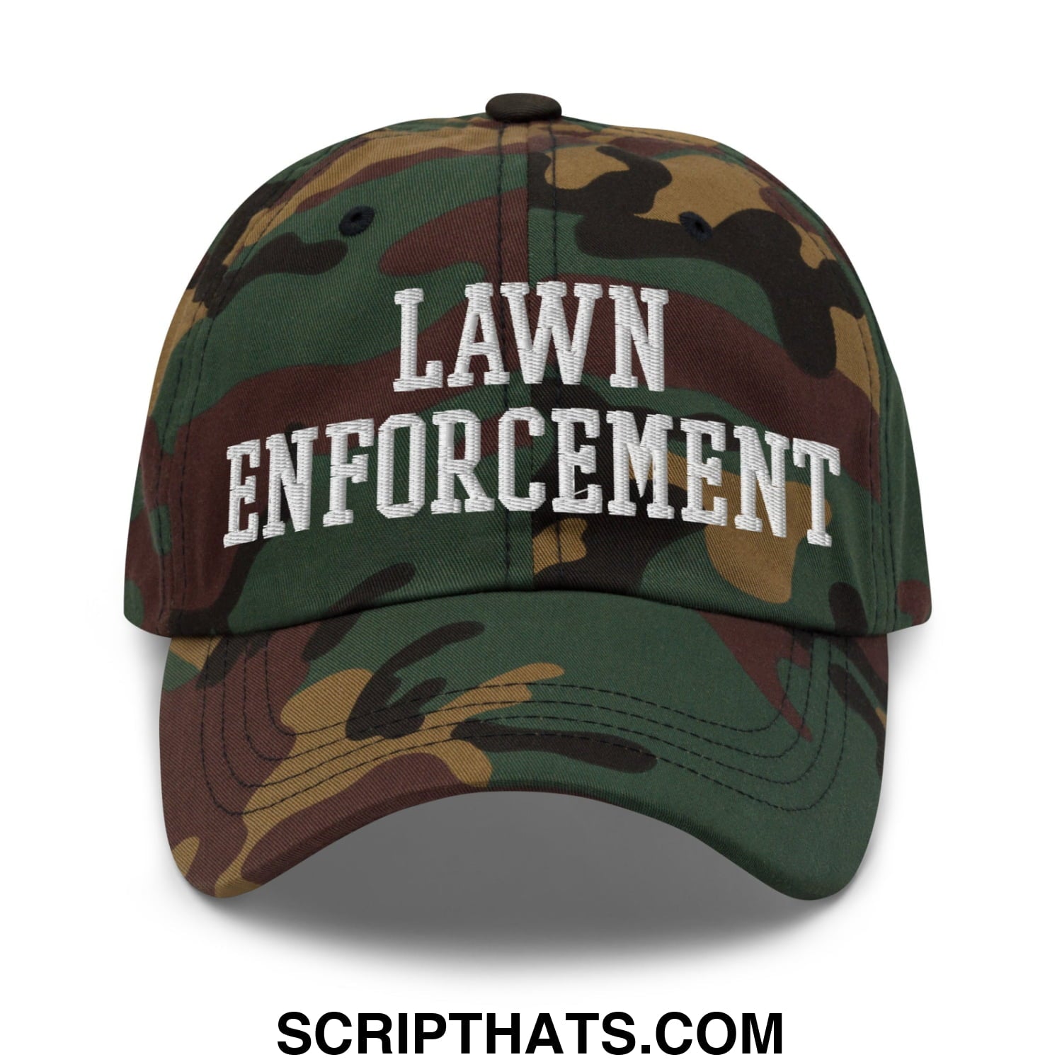 A camouflage unstructured dad hat with lawn enforcement embroidered in white on the front for outdoor use