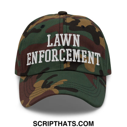 A camouflage unstructured dad hat with lawn enforcement embroidered in white on the front for outdoor use