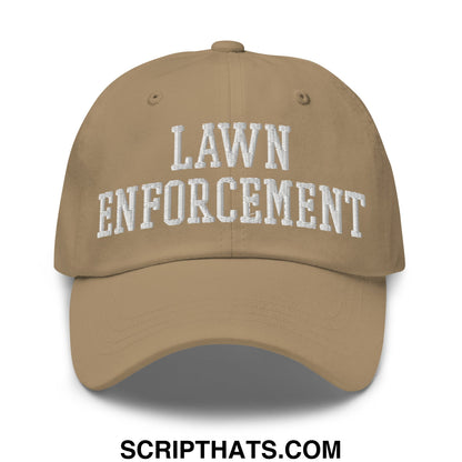 Tan unstructured dad hat with white embroidered law enforcement text in a classic arched font for casual wear